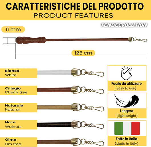 Frusta/Frustino Asta Tiratenda in Legno Olmo di 125cm, Diametro 1cm - Ottima per Scorrimento della Tenda - Durevole e Robusto