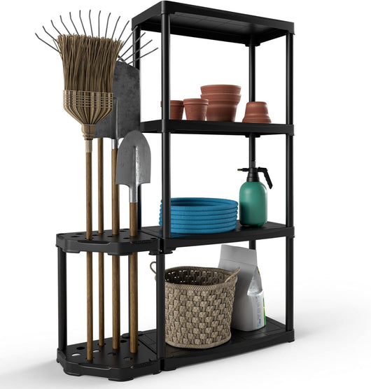 Scaffale per Garage a 4 Livelli con Portautensili, Scaffale di Stoccaggio Aperto con Supporto per Portautensili a 12 Fori per Attrezzi, per Magazzino Ripostiglio Seminterrato