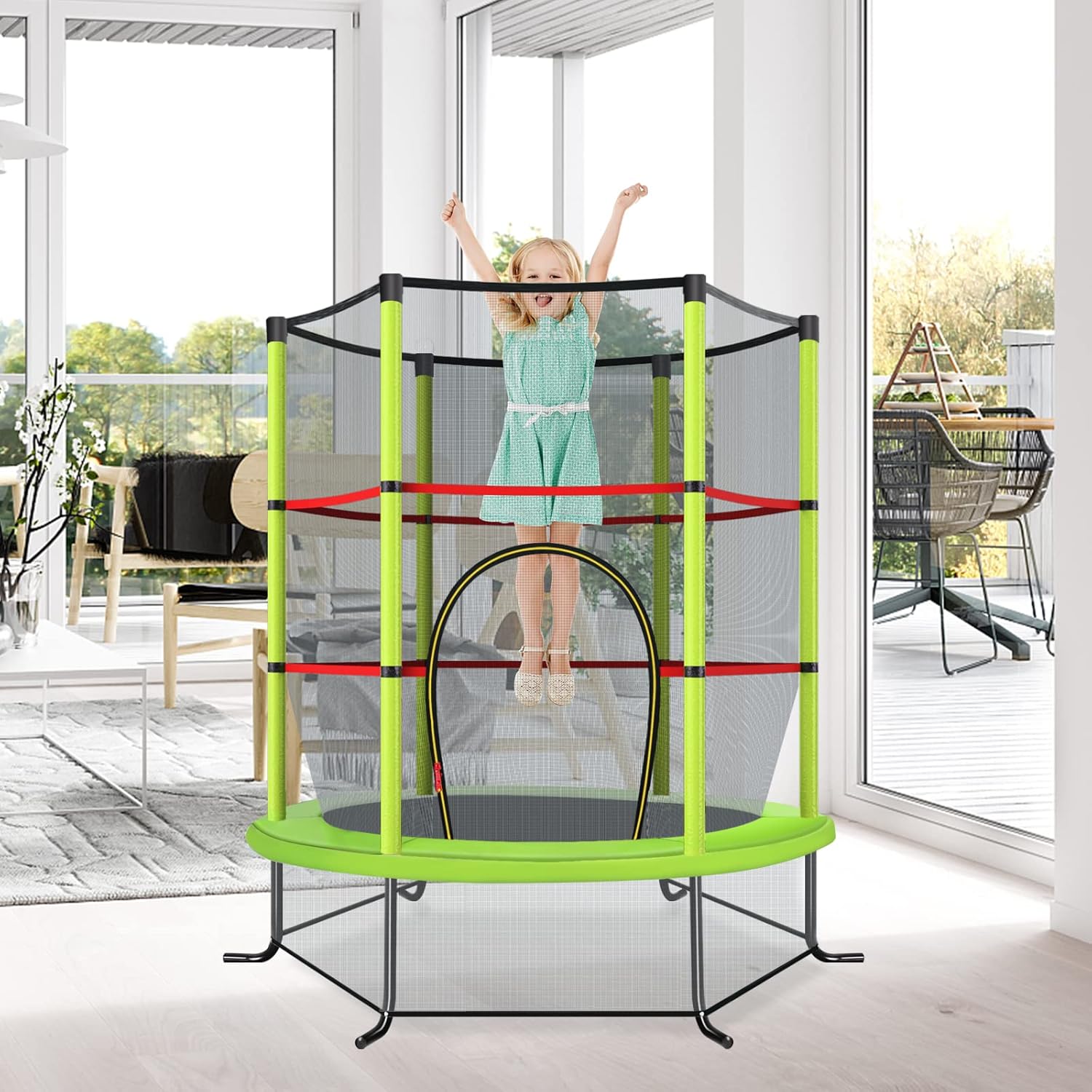 Trampolino Elastico Bambino in Acciaio, Tappeto Elastico Bambini da Esterno e da Interno, con Rete e Cusicnetti Antiscivolo（Verde)