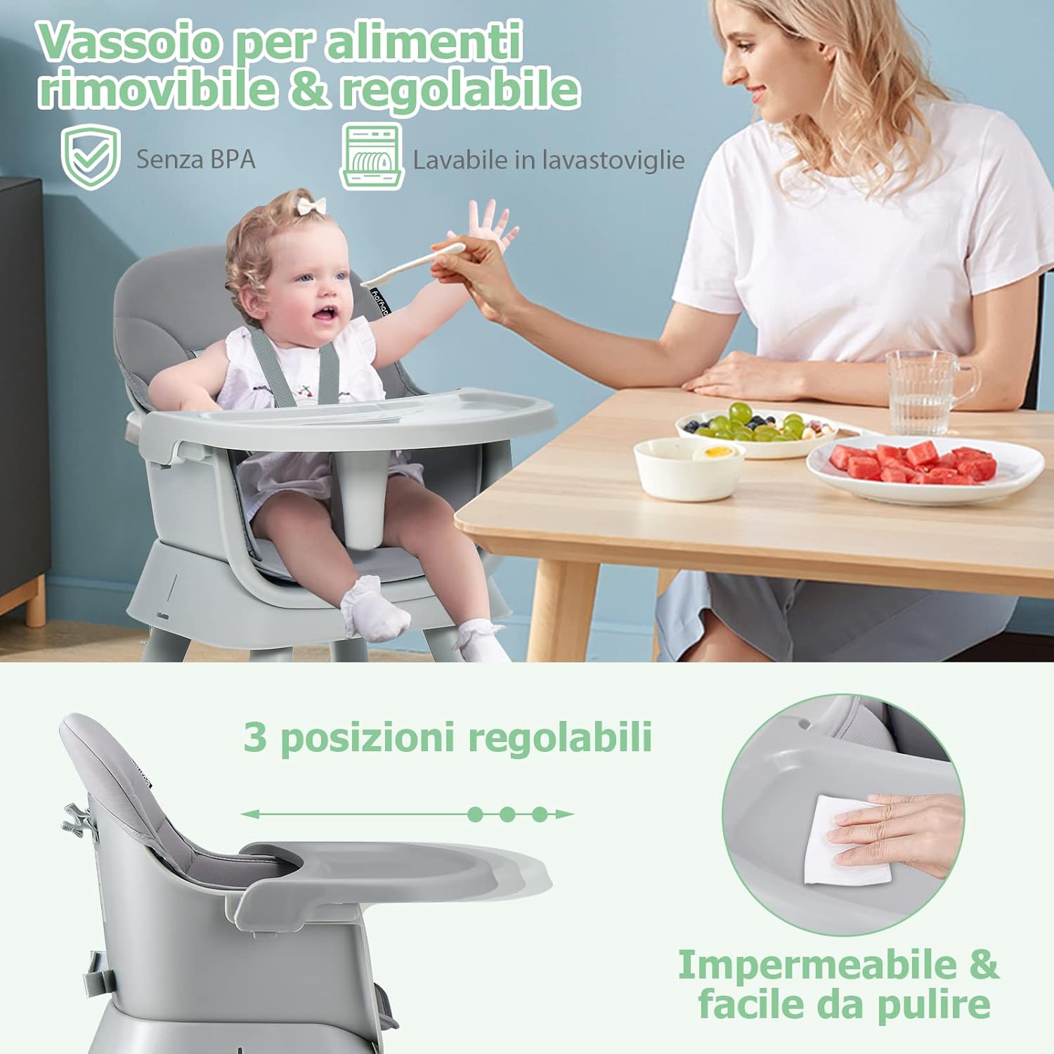 Seggiolone Pappa per Bambini 6 in 1, Seggiolone per Neonati Convertibile, Tavolo per Costruzioni per Bambini, con Imbracatura a 5 Punti, per Bambini da 6 Mesi fino 3 Anni (Grigio)