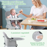 Seggiolone Pappa per Bambini 6 in 1, Seggiolone per Neonati Convertibile, Tavolo per Costruzioni per Bambini, con Imbracatura a 5 Punti, per Bambini da 6 Mesi fino 3 Anni (Grigio)