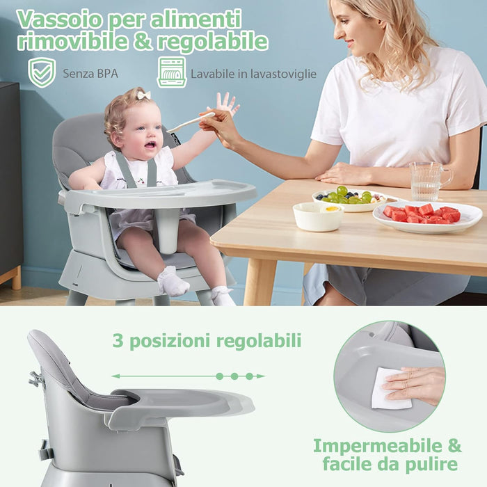 Seggiolone Pappa per Bambini 6 in 1, Seggiolone per Neonati Convertibile, Tavolo per Costruzioni per Bambini, con Imbracatura a 5 Punti, per Bambini da 6 Mesi fino 3 Anni (Grigio)
