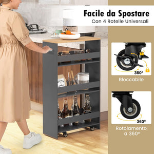 Carrello da Cucina a 4 Ripiani, Carrello in Legno con 4 Ruote Universali, Carrello Scaffale Stretto Salvaspazio con Manico per Bagno, Ufficio e Officina, 47,5 x 20 x 80,5 cm (Grigio)