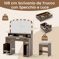 Toeletta da Trucco con 10 Luci, Set Tavolo e Sgabello da Trucco con Stazione di Ricarica, 3 Colori di Luce, 3 Cassetti, 2 Armadietti, Consolle Toeletta per Soggiorno Camera da Letto (Caffè)