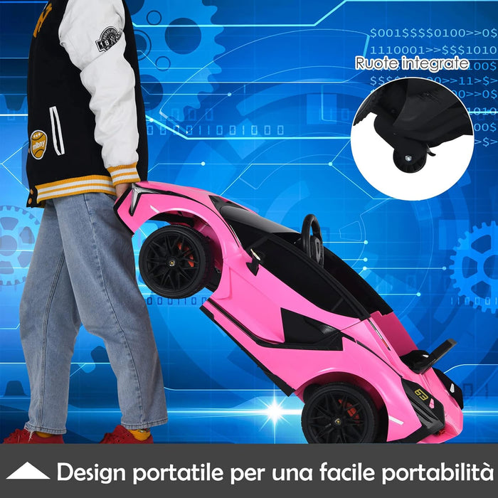 Macchina Elettrica Lamborghini per Bambini da 12V, Veicolo Elettrico Cavalcabile con Luci LED MP3 Telecomando, Fino a 5km/h, +3 Anni (Rosa)