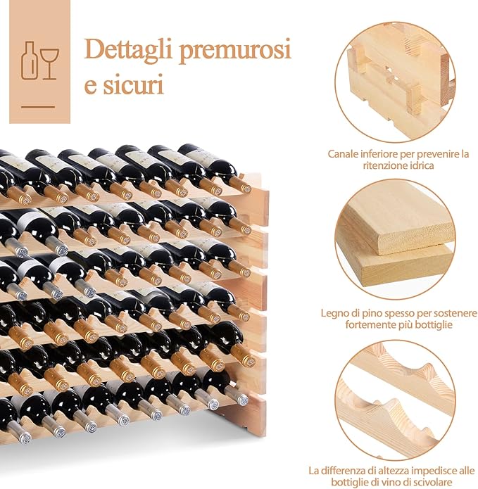 Portabottiglie per Vino in Legno, Scaffale per 72 Bottiglie di Vino, Cantinetta Porta Vino, Naturale (119 x 29 x 71,5 cm)