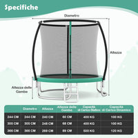 Trampolino Elastico per Bambini e Adulti 244 cm/305 cm/366 cm, Tappeto Elastico da Esterno con Rete di Sicurezza, Scala e Telaio in Acciaio Zincato Antiruggine