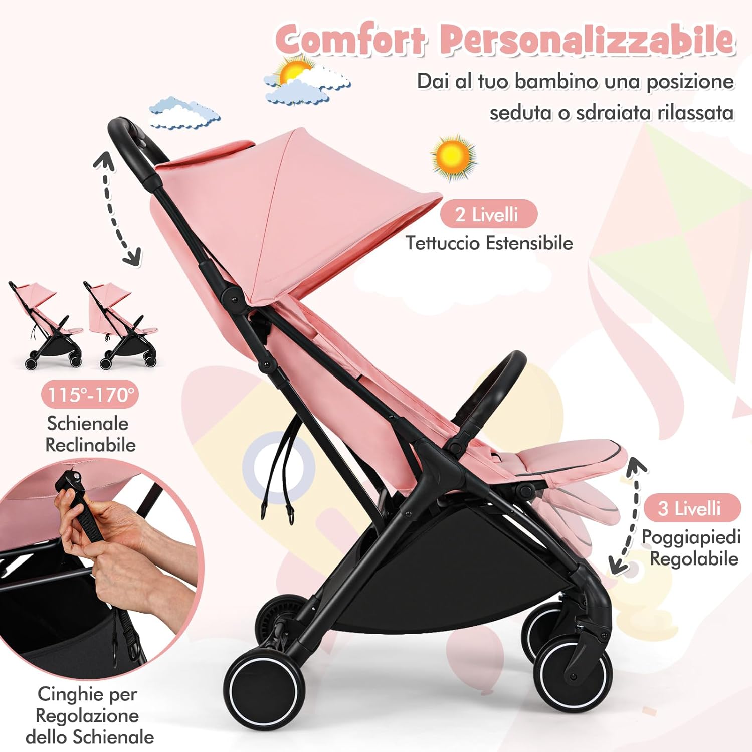 Passeggino Leggero per Bambini, Passeggino da Viaggio con Schienale Regolabile, Passeggino Portatile per Bambini con Schienale Reclinabile e Cappotta Regolabile, per Bambini 0-3 Anni (Rosa)