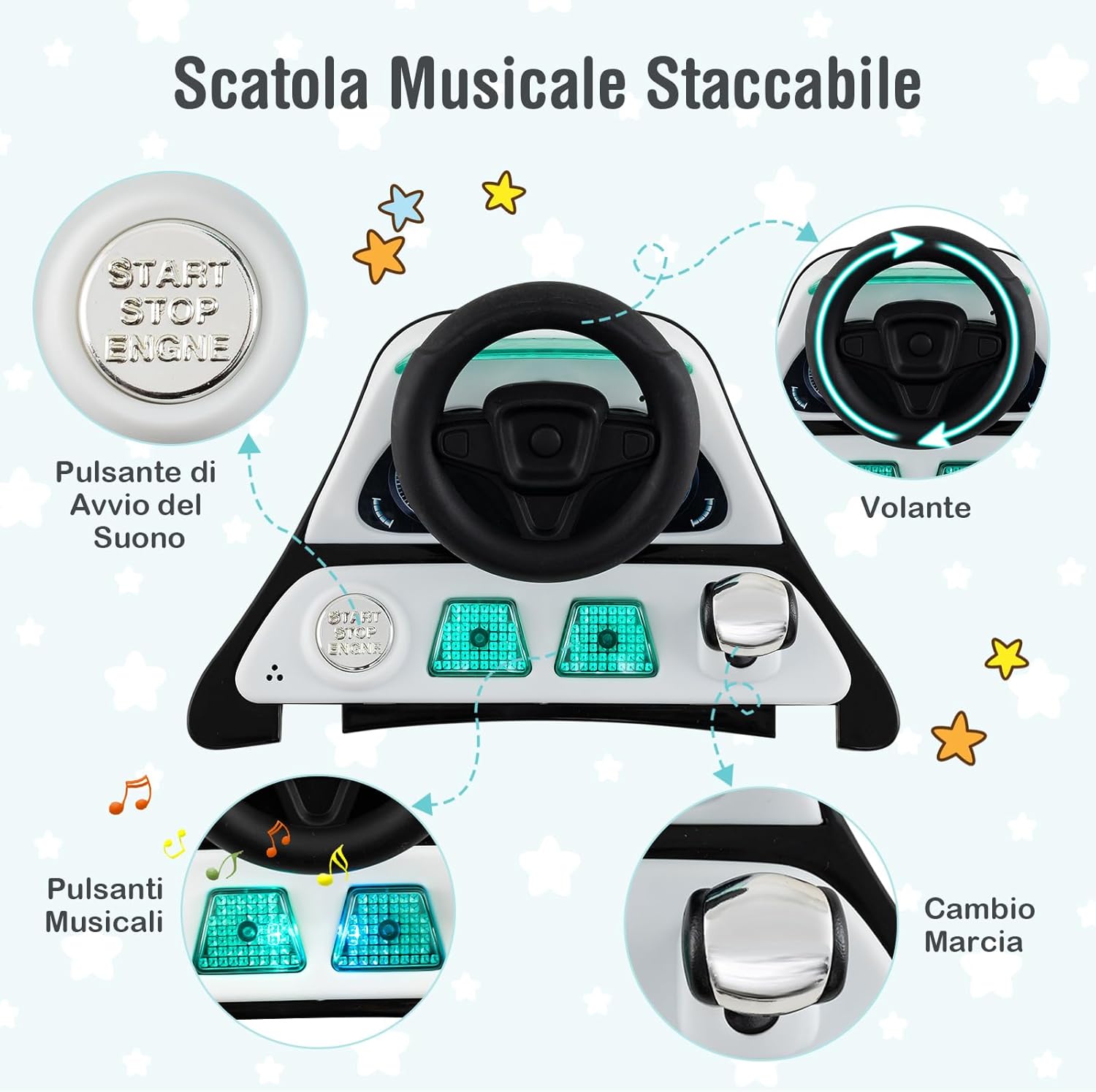 6 in 1 Girello per Bambini, Girello Pieghevole con Altezza Regolabile a 3 Livelli, Scatola Musicale Rimovibile, Vassoio per Alimenti, Portata 12 kg, per Bambini di 6-18 Mesi (Bianco)