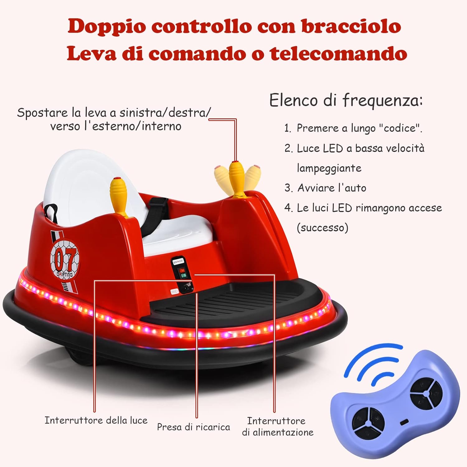 Veicolo Elettrico Macchina Elettrica Design Autoscontro per Bambini, Girevole a 360°, con Luci e Musica, con Telecomando, per Bambini 2-5 Anni (Rosso)