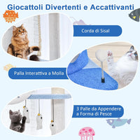 Tiragraffi per Gatti a Tema Oceanico, Torre per Gatti con Pali Tiragraffi Rivestiti di Sisal, Nicchia, Posatoio, Amaca, Piattaforme, Giocattoli Oscillanti, Palla Molla e Corda di Sisal