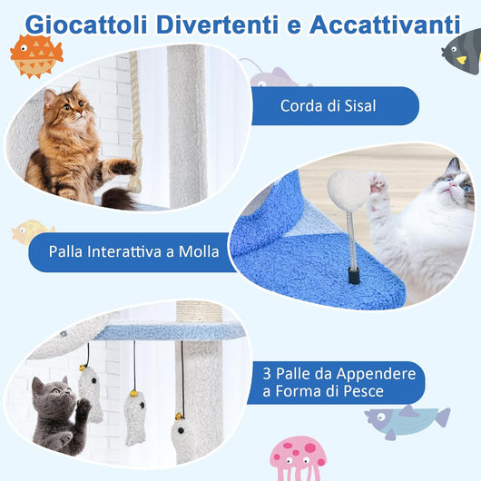 Tiragraffi per Gatti a Tema Oceanico, Torre per Gatti con Pali Tiragraffi Rivestiti di Sisal, Nicchia, Posatoio, Amaca, Piattaforme, Giocattoli Oscillanti, Palla Molla e Corda di Sisal