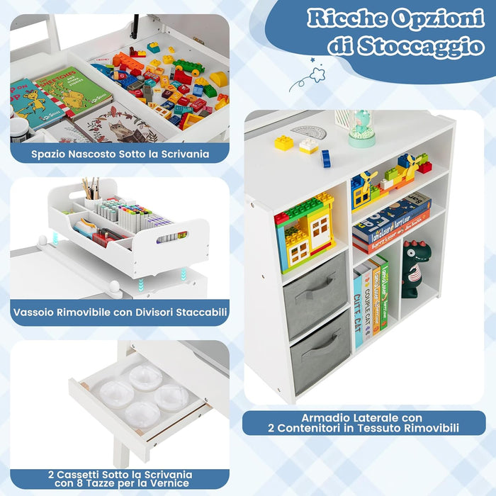 Set Tavolo e Sedie per Bambini con Rotolo di Carta, Tavolino per Cameretta con 2 Sedie, Piano Ribaltabile, Ripiani, 8 Bicchieri per Pittura, 2 Cassetti Nascosti e 2 Ceste di Tessuto (Grigio)
