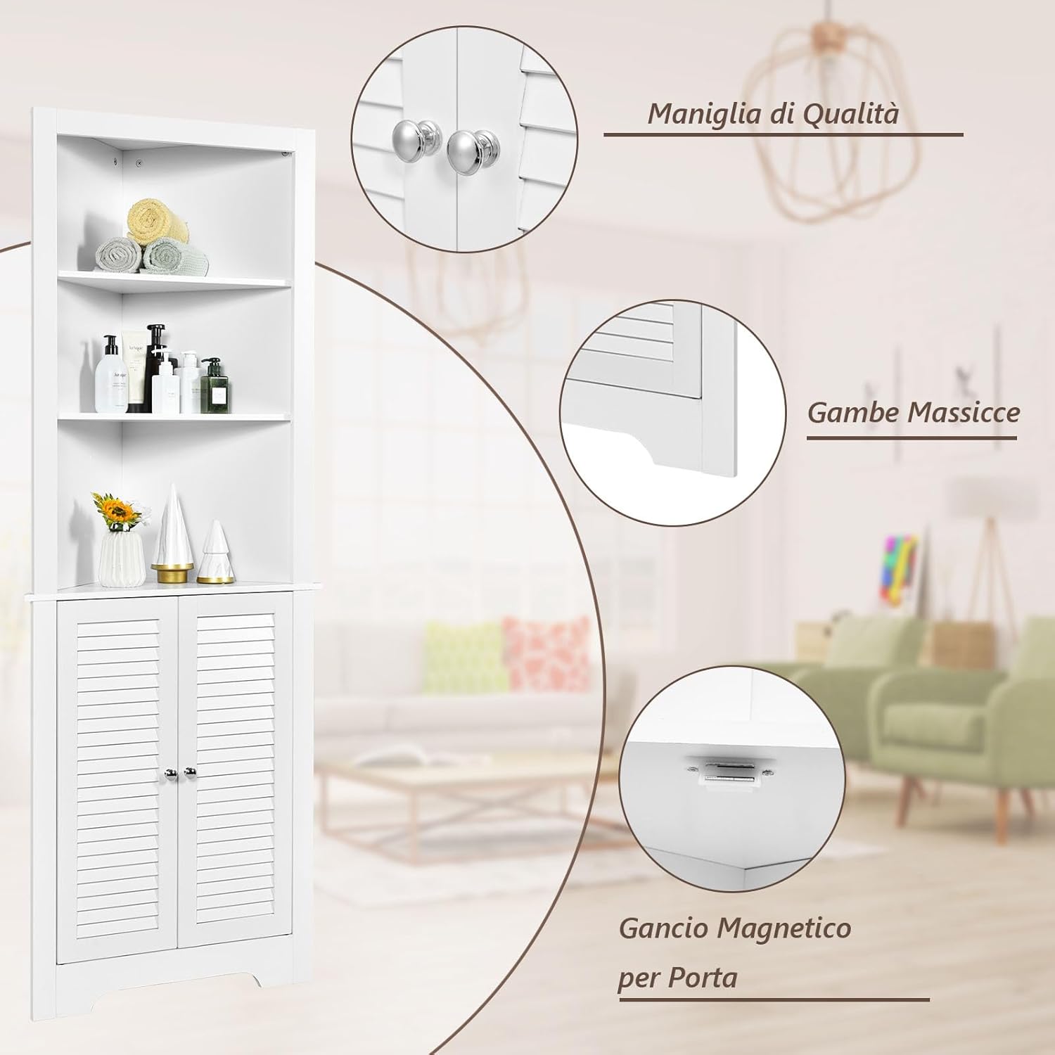 Armadio Angolare 60 x 44,5 x 173 cm, Mobile Angolare con 3 Ripiani Aperti e 2 Ante, Mobiletto Bagno Salvaspazio per Ingresso, Cucina e Salotto