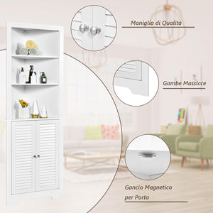 Armadio Angolare 60 x 44,5 x 173 cm, Mobile Angolare con 3 Ripiani Aperti e 2 Ante, Mobiletto Bagno Salvaspazio per Ingresso, Cucina e Salotto