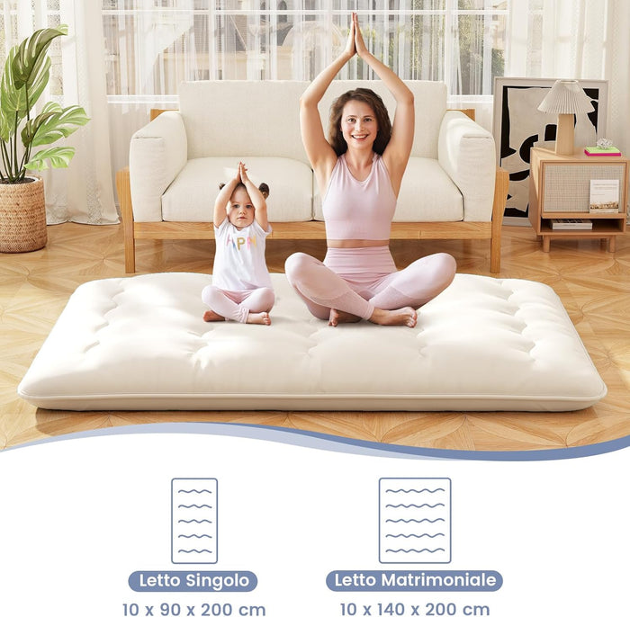 Materasso Futon Pieghevole, Materasso Portatile con Sacca da Trasporto per Camping, Materasso da Terra con Copertura Lavabile (200 x 140 cm, Beige)