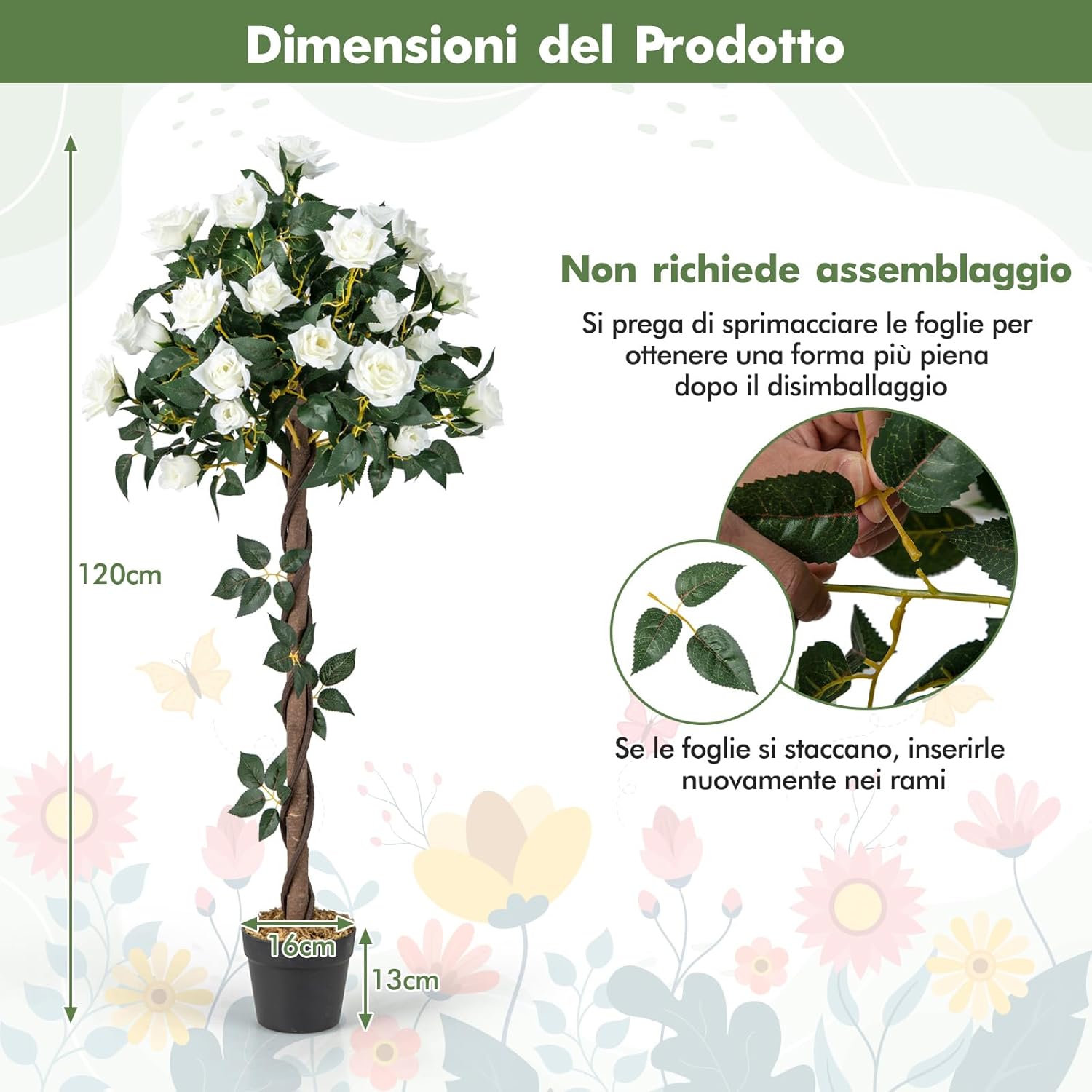Pianta Floreale Finta 120 CM, Albero di Fiori Artificiali con Rose Bianche, Vaso da Vivaio, Pianta in Vaso da Interno per Decorazione Interna per Ufficio e Casa
