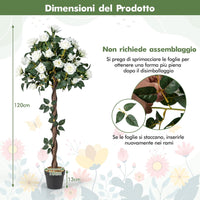 Pianta Floreale Finta 120 CM, Albero di Fiori Artificiali con Rose Bianche, Vaso da Vivaio, Pianta in Vaso da Interno per Decorazione Interna per Ufficio e Casa