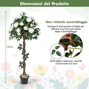 Pianta Floreale Finta 120 CM, Albero di Fiori Artificiali con Rose Bianche, Vaso da Vivaio, Pianta in Vaso da Interno per Decorazione Interna per Ufficio e Casa