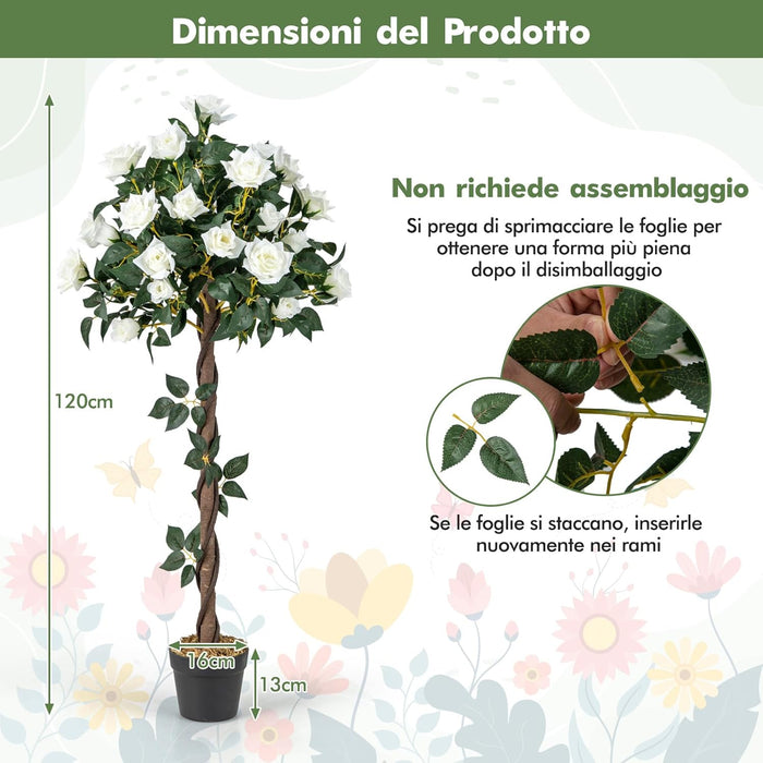 Pianta Floreale Finta 120 CM, Albero di Fiori Artificiali con Rose Bianche, Vaso da Vivaio, Pianta in Vaso da Interno per Decorazione Interna per Ufficio e Casa