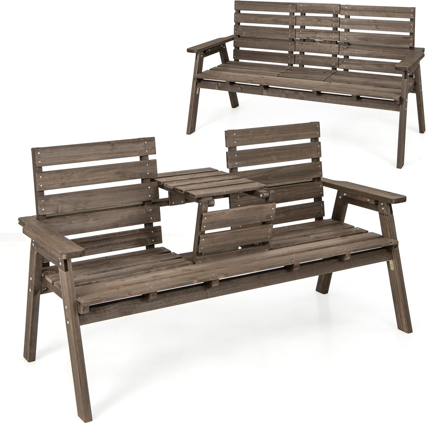 Panchina da Giardino in Legno, Panca Abete 2 o 3 Posti, 160 x 64 x 86 cm, Tavolino Convertibile in Seduta, Panca per Veranda, con Schienale, Braccioli, Portata 300 kg