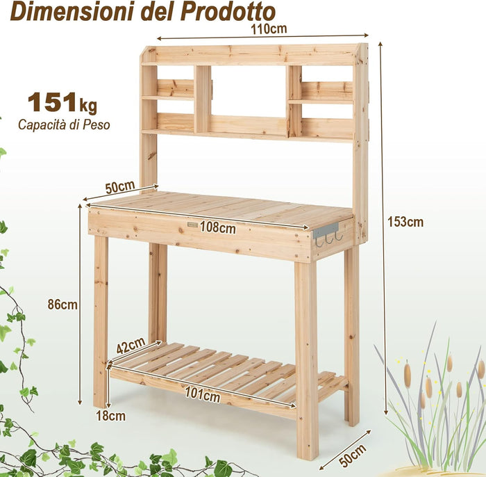Tavolo da Lavoro per Giardinaggio con Tavolo Apribile, Scaffale, Ganci e Ripiano, Tavolo da Lavoro per Giardino, Patio e Cortile, Portata 151 kg, 110 x 50 x 153 cm