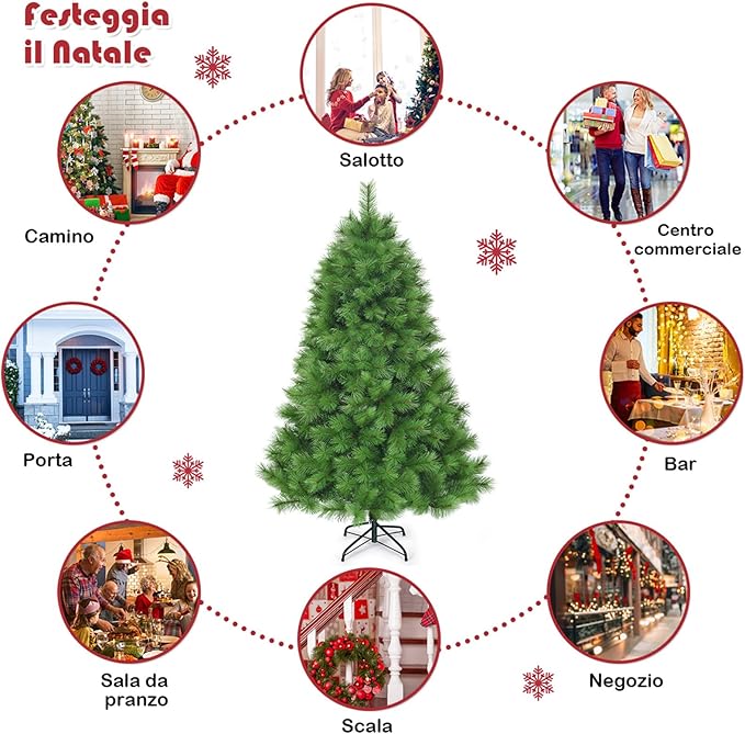 Albero di Natale Artificiale 180/210 CM, Albero di Natale con 586/808 Rami Folti e Base di Metallo, Ideale per Casa, Ufficio e Negozio, Verde (180 CM)