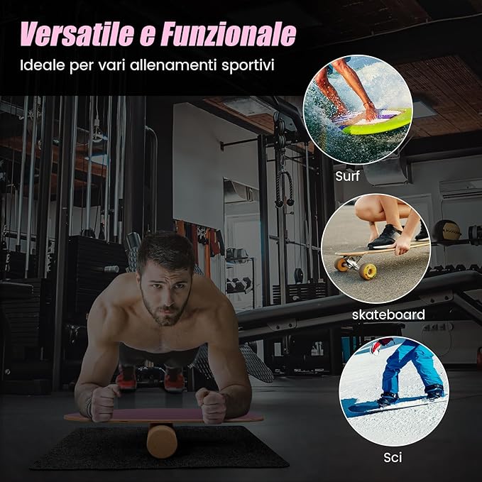 Balance Board in Legno, Tavola di Equilibrio con Rullo e Tappetino per Allenamento Skateboard Hockey Snowboard Surfing, Attrezzi 3 in 1 per Esercizi Equilibrio e Tonificazione Core