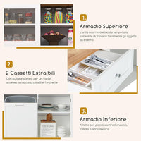 Credenza Alta per Cucina Porta Bidone della Spazzaturi, Mobile Cucina Dispensa con 2 Cassetti, Ante e 2 Ripiani Regolabili, Armadio Cucina in Legno di Gomma, 100 x 34 x 172 cm, Bianco