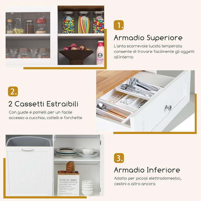 Credenza Alta per Cucina Porta Bidone della Spazzaturi, Mobile Cucina Dispensa con 2 Cassetti, Ante e 2 Ripiani Regolabili, Armadio Cucina in Legno di Gomma, 100 x 34 x 172 cm, Bianco