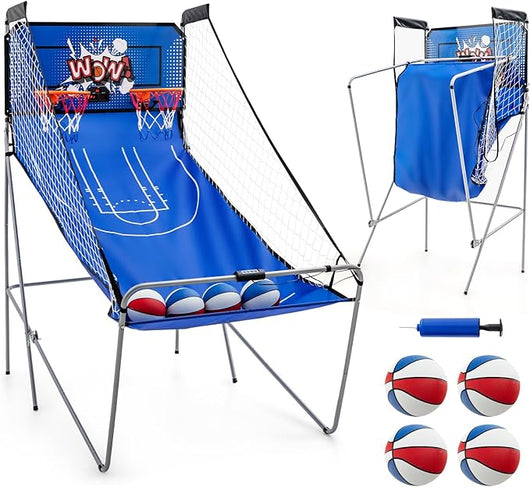 Macchina da Pallacanestro Elettronica Pieghevole, Gioco Arcade da Basket a Doppio Tiro per Casa con 8 Modalità di Gioco, Suono Arcade, Punteggio Elettronico, 4 Palloni e Pompa (Blu)