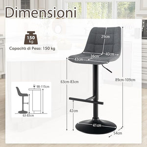 2 Sgabelli Regolabile in Altezza in Tessuto, Sgabello Cucina Girevole a 360° con Poggiapiedi e Seduta Imbottita, Sedia Portata 150 kg per Sala da Pranzo e Penisola Cucina