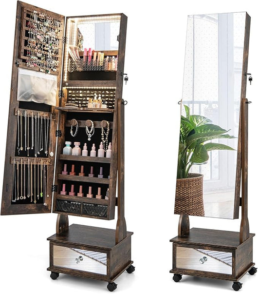 Armadio Portagioie da Terra con Ruote, Specchio Portagioie con Luci LED, Specchio Portagioie con Cassetto, Organizer per Gioielli e Accessori (Industriale, 42 x 35 x 159 cm, Con Cassetto)