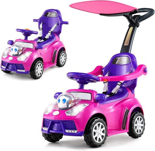 3 in 1 Auto a Spinta, Macchinina da Passeggio con Clacson, Musica, Luci, Cintura di Sicurezza, Tettuccio e Manico, Macchina Cavalcabile per Bambini 1+ Anni (Rosa)