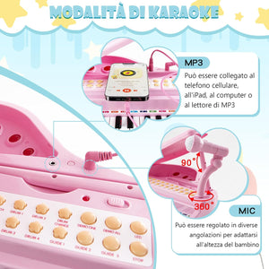 Tastiera Pianoforte a 31 Tasti con Microfono e Sgabello, Pianoforte Giocattolo Portatile con Modalità di Insegnamento a LED, Pianoforte a Coda per Bambini 3+ Anni (Rosa), 35 x 30 x 55 cm