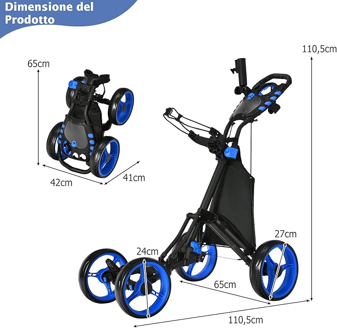 Carrello da Golf a Spinta e a Trazione, Carrello Golf Pieghevole Leggero a 4 Ruote con Borsa Impermeabile, Freno a Pedale, Porta Tazza e Porta Ombrello Regolabile(Blu)
