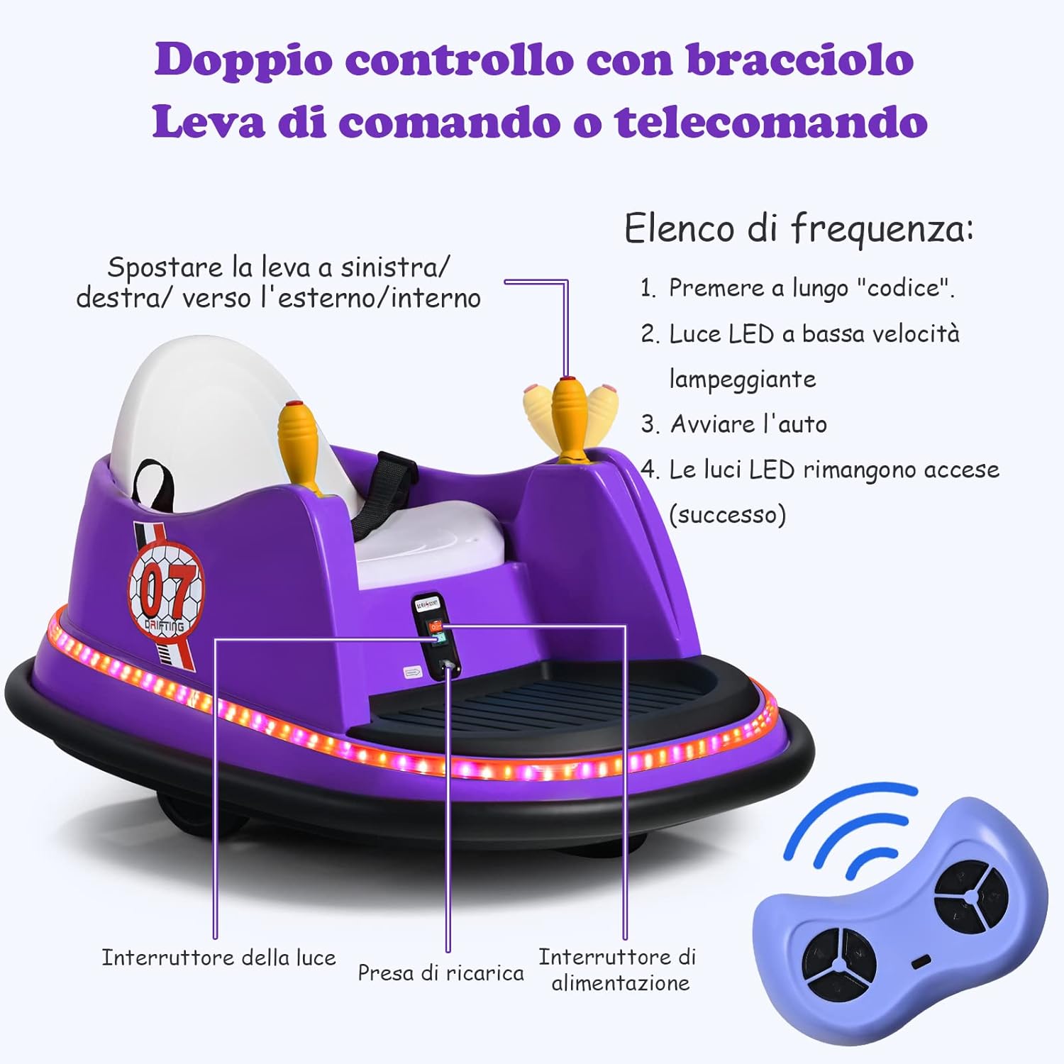 Veicolo Elettrico Macchina Elettrica Design Autoscontro per Bambini, Girevole a 360°, con Luci e Musica, con Telecomando, per Bambini 2-5 Anni (Viola)
