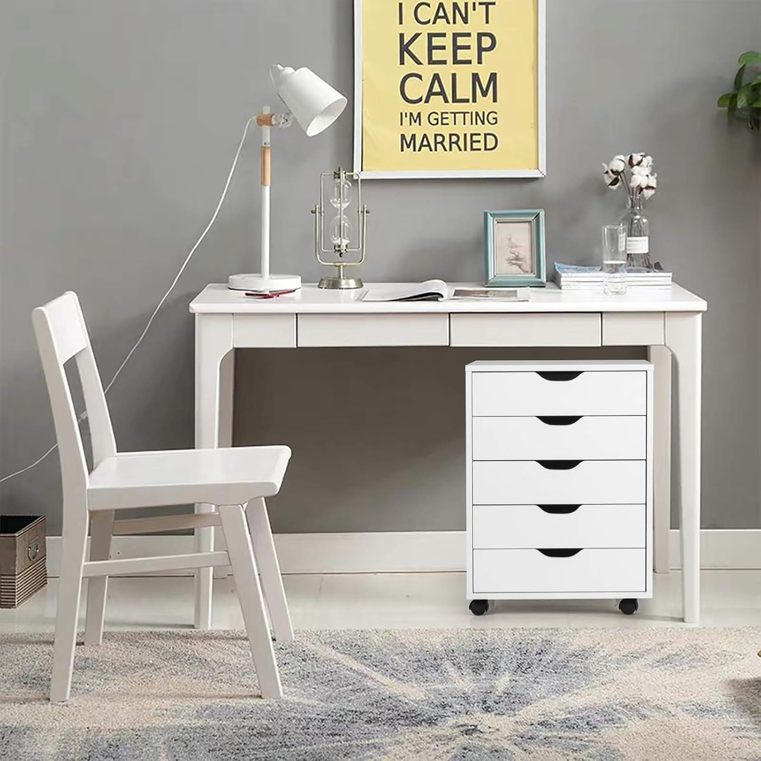 Cassettiera da Ufficio con 5 Cassetti e Ruote, Mobiletto Multiuso per Documenti e Cosmetici, Comodino con Ruote per Camera da letto, Studio, Ufficio e Soggiorno (Bianco)