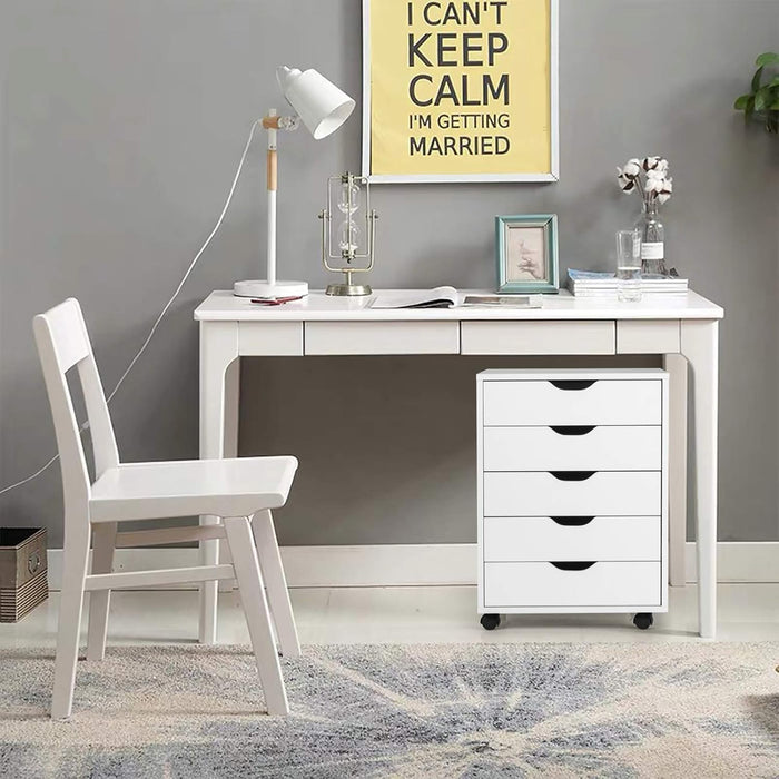 Cassettiera da Ufficio con 5 Cassetti e Ruote, Mobiletto Multiuso per Documenti e Cosmetici, Comodino con Ruote per Camera da letto, Studio, Ufficio e Soggiorno (Bianco)