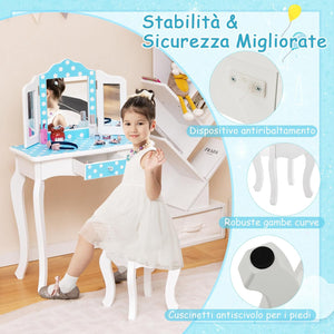 2 in 1 Toeletta Trucco per Bambini con Sgabello, Tavolo per Trucco con Specchio Triplo e Cassetto, Specchio Rimovibile, 3 Anni + (Blu + Bianco)