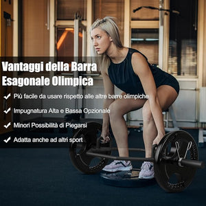 Barra della Trappola Olimpica, Barra Esagonale Pieghevole con Manici Zigrinati, Manicotti 25 cm e Molle, Olympic Hex Trap Bar per Sollevamento Pesi e Bodybuilding, Carico 363 kg(Nero)