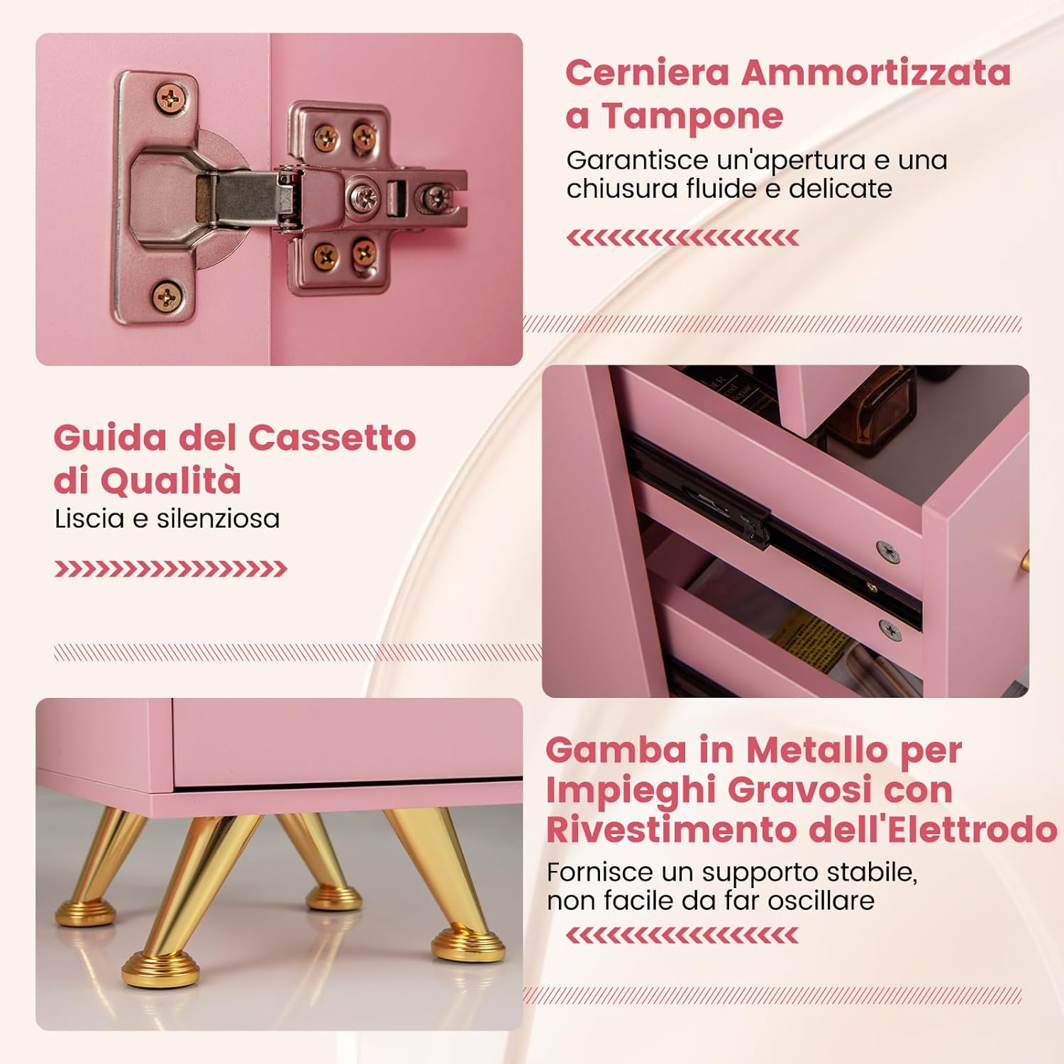 Tavolo per Manicure, Tavolo per Unghie con Cassetti, Cuscino Poggia Polsi e Gambe in Metallo, Stazione per Unghie Estetista Nail Art per Salone di Bellezza (Rosa)