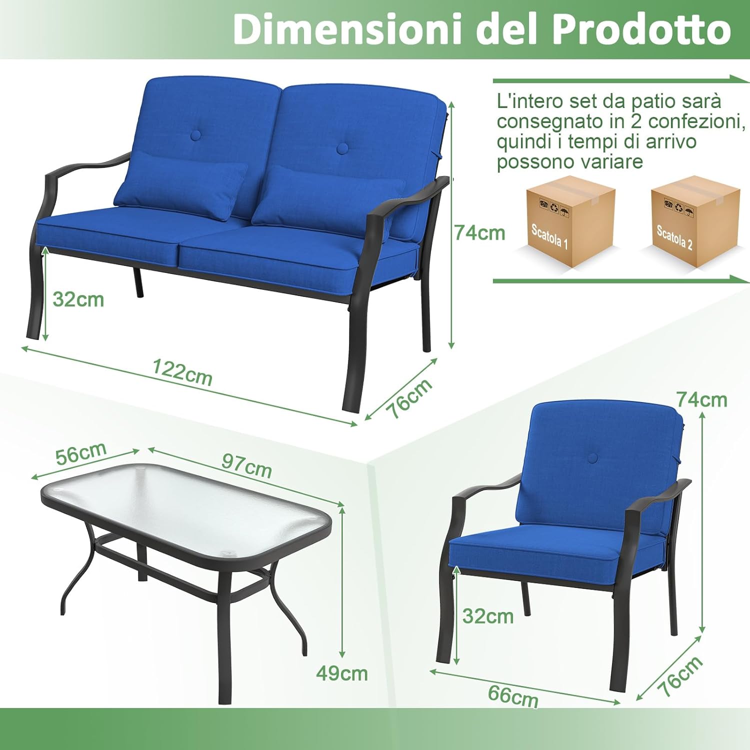 4 Pezzi Set di Mobili da Giardino, con Cuscini e Tavolino in Vetro Temperato, Struttura in MetalloSet di Divani da Esterno per Giardino Cortile e Piscina (Blu)
