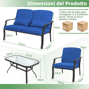 4 Pezzi Set di Mobili da Giardino, con Cuscini e Tavolino in Vetro Temperato, Struttura in MetalloSet di Divani da Esterno per Giardino Cortile e Piscina (Blu)