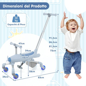 2 in 1 Auto a Spinta per Bambini, Giocattolo Scorrevole con Luci a LED Maniglia Rimovibile e Regolabile, Poggiapiedi Pieghevole e Cestino Posteriore Portaoggetti, per Bambini 18-70 Mesi (Blu)