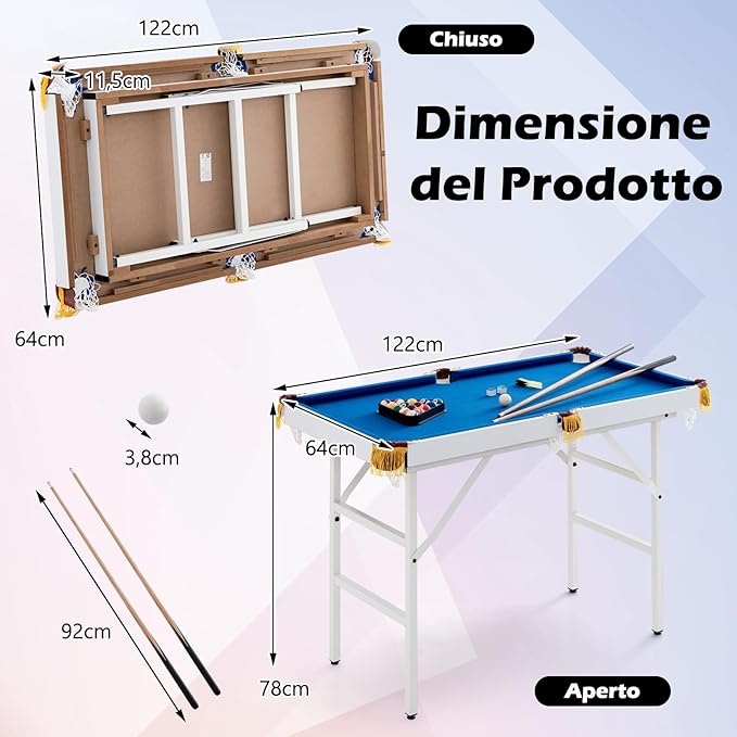 Tavolo da Biliardo Pieghevole, Mini Tavolo da Gioco Biliardo con Set di Accessori Stecche Palline Gessetti e Spazzola, Piedi Regolabili, per Sala Giochi bar Palestra, 122x64x78 cm