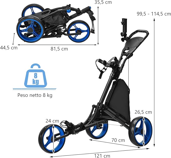 Carrello da Golf Pieghevole con 3 Ruote, Struttura in Alluminio, Cinghia Elastica, Portaombrello Regolabile e Porta Bicchiere, Segnapunti e Freno a Pedale
