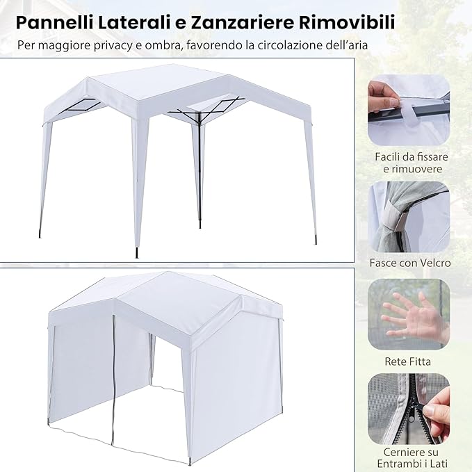Gazebo Pop-up da Esterno 302 x 302 cm, Gazebo Pieghevole con 4 Pareti Laterali, Rete a Maglia, Borsa con Ruote, 8 Picchetti e 4 Corde Antivento, Tendone Impermeabile per Spiaggia e Cortile