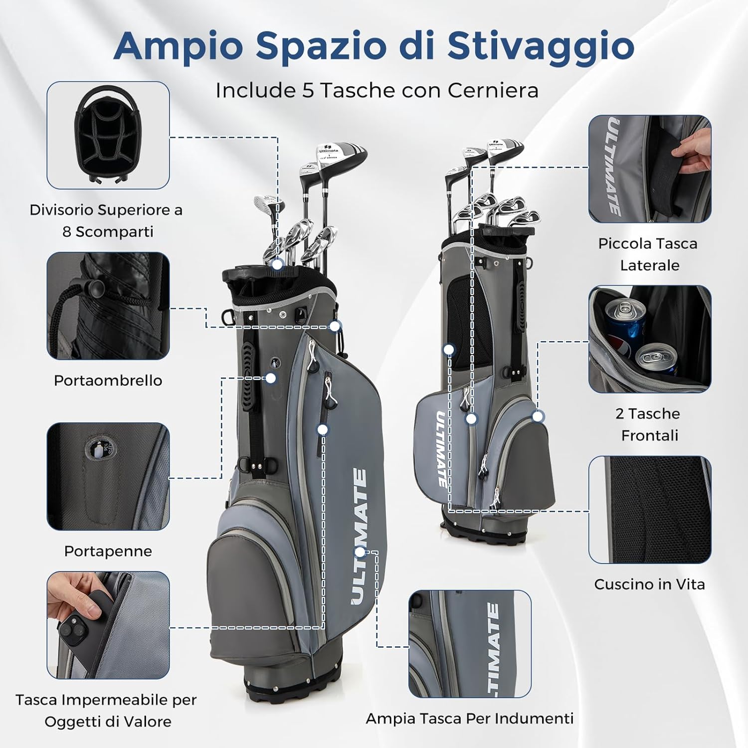 Set Completo di Mazze da Golf per Mancini da Uomo, Borsa Portatile con Supporto e Cappuccio Antipioggia, Include Driver 1 da 460CC, Fairway 3, Ibrido 4, Ferri 6, 7, 8, 9, P e Putter (Grigio)