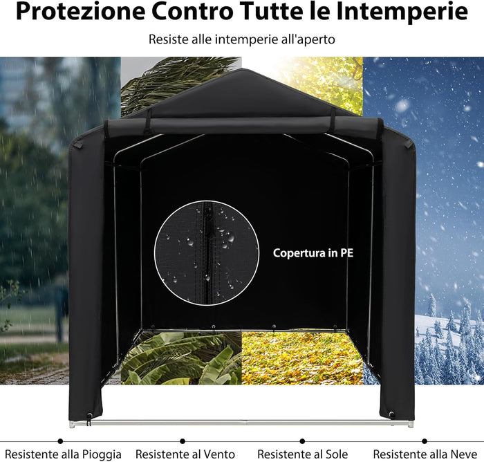 Capanno di Stoccaggio per Esterni, Garage Portatile per Biciclette, Motociclette, Attrezzi da Giardino, Carport per Bici con Porta a Rullo e Cerniera, 160 x 218 x 164 cm (Grigio Scuro)